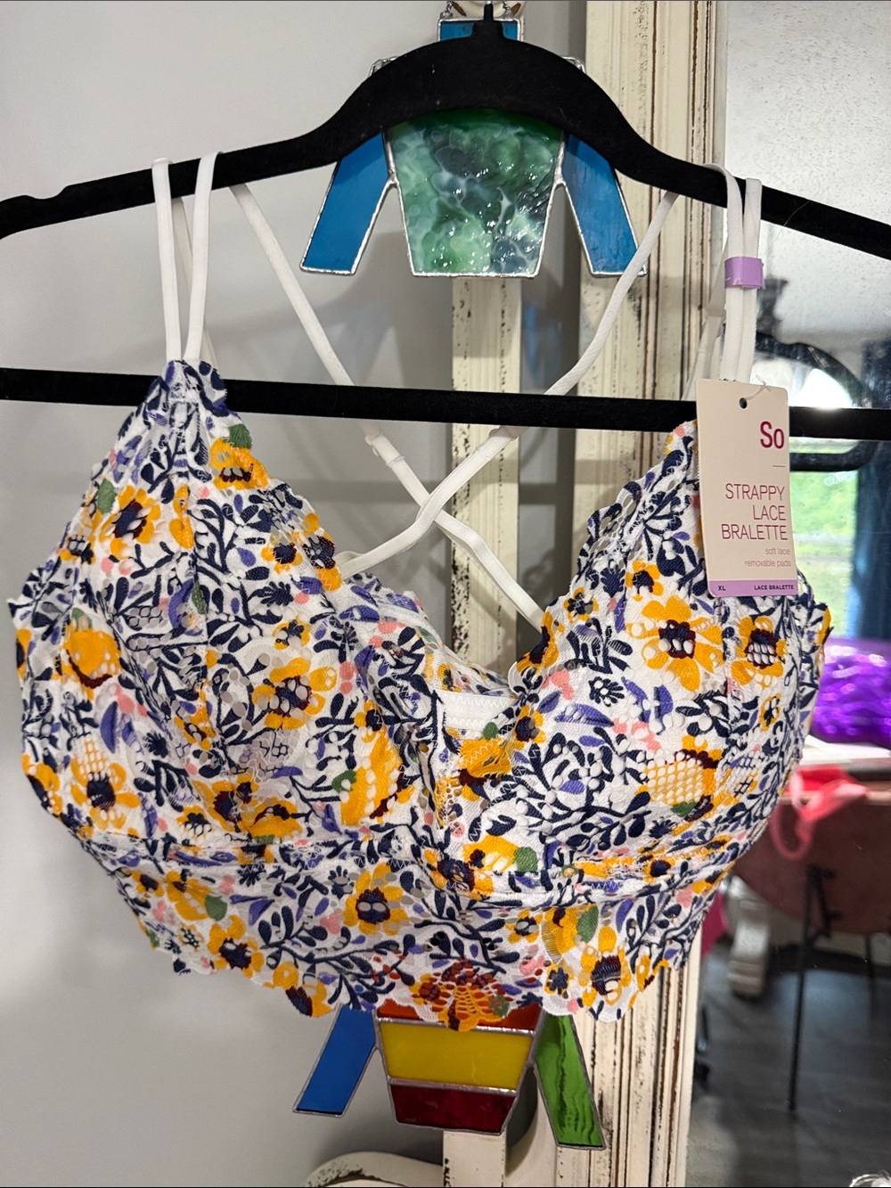 SO Floral Strappy Lace Bralette - White with Yellow & Navy